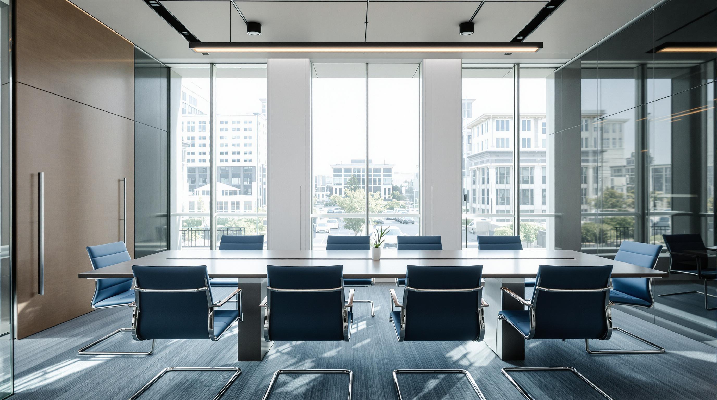 Modern boardroom with a long table and blue chairs