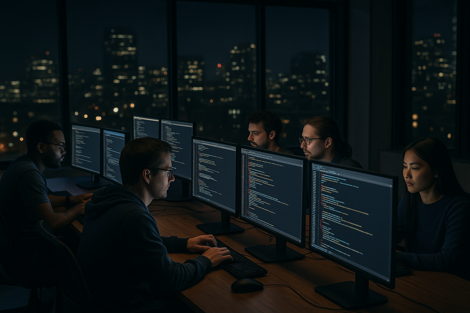 Engineers working at monitors filled with code